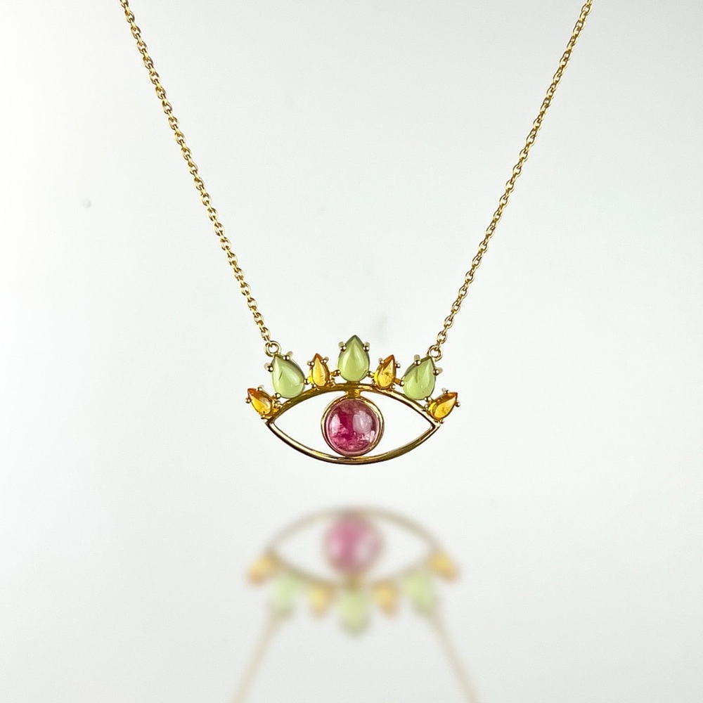Pink Tourmaline, Peridot, Spessartite 14k Gold Vermeil Evil Eye Necklace